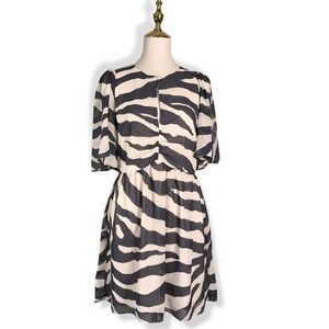 H&M Zebra Print Chiffon Dress M Black Beige Cutout Butterfly Flutter Sleeve NWT